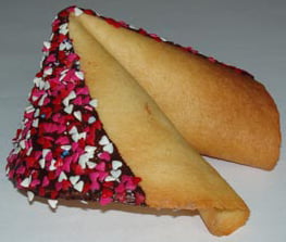 fortune cookie chocolate with red, pink, and white hearts