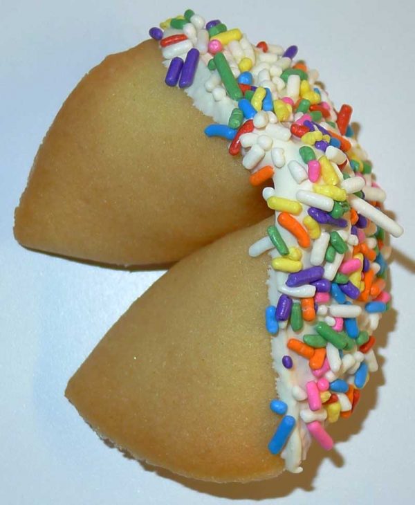 fortune cookie white chocolate with multi-colored sprinkles