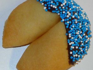 fortune cookie chocolate with blue and white sprinkles