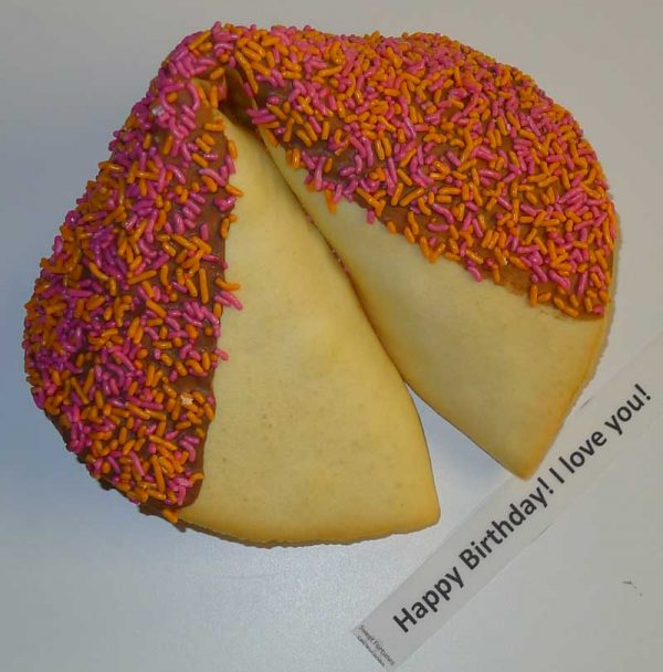 fortune cookie chocolate with pink and orange sprinkles