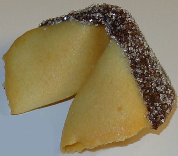 Fortune cookie with chocolate and white sanding sugar