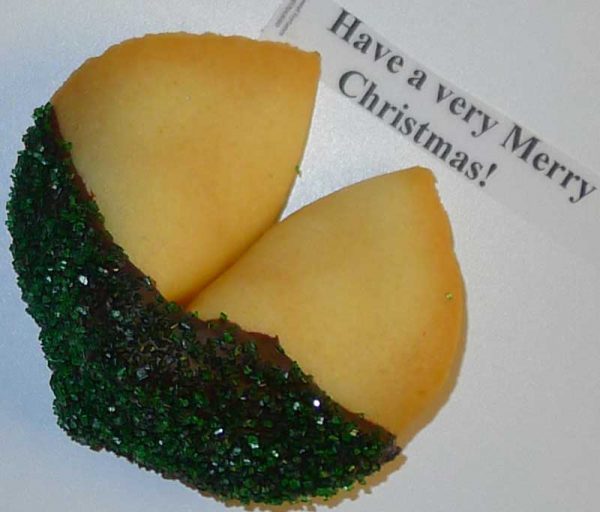 fortune cookie with chocolate and green sanding sugar