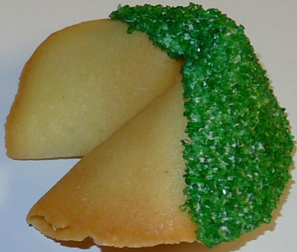 fortune cookie white chocolate with green sanding sugar
