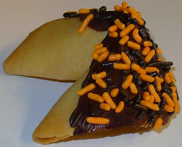 fortune cookie chocolate with black and orange sprinkles