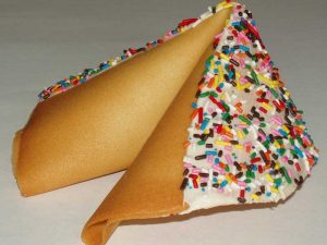 fortune cookie white chocolate with multi color sprinkles