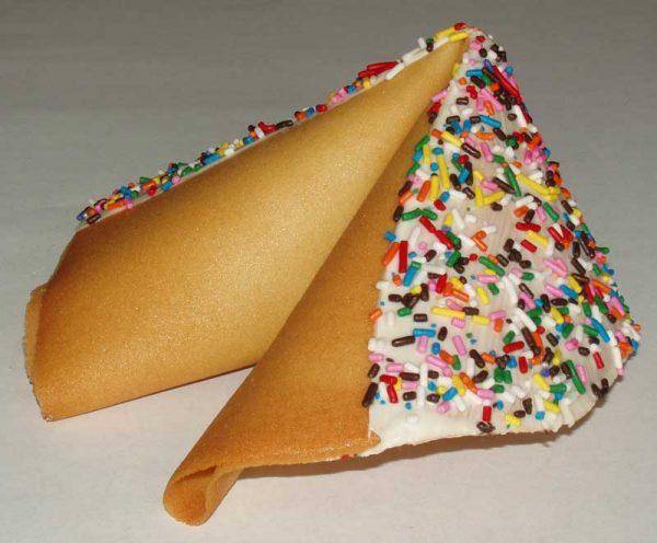 fortune cookie white chocolate with multi color sprinkles