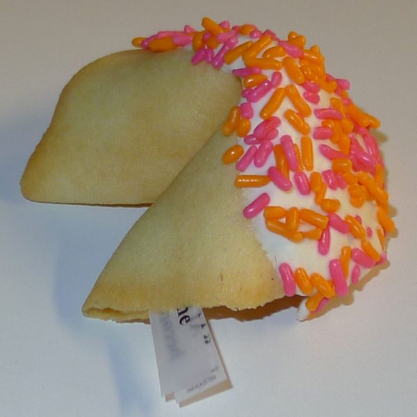 fortune cookie white chocolate with pink and orange sprinkles
