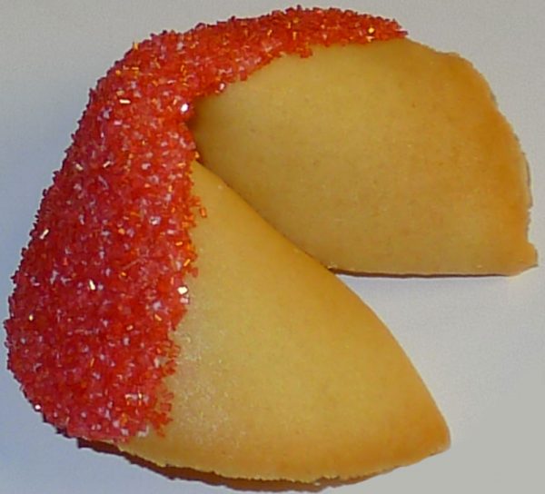 fortune cookie white chocolate with red sanding sugar