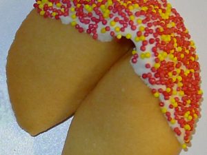 fortune cookie white chocolate with red & yellow sprinkles