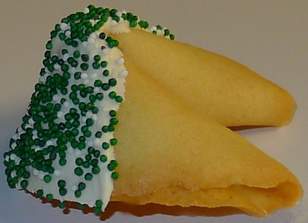 fortune cookie white chocolate with green nonpareils